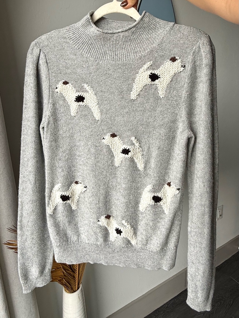LOFT Puppy Dog Embroidered Sweater Gray Cotton Wool Blend Mock Neck Small - Picture 3 of 7